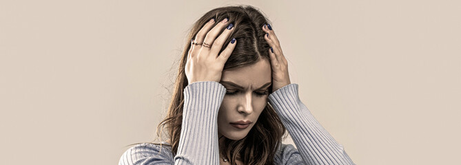 Woman suffering from headache desperate, stressed because pain and migraine. Woman with hard...