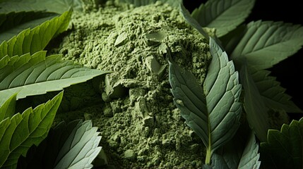 A lush and vibrant pile of green powder and leaves, representing the beauty and vitality of the outdoors and the potential for nourishment from this terrestrial plant