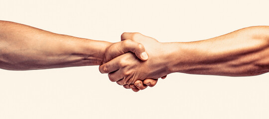 Partners who shake their hands. Friendly handshake, friends greeting, teamwork, friendship. Rescue, helping gesture or hands. Two hands, helping hand of a friend. Handshake, arms friendship - obrazy, fototapety, plakaty