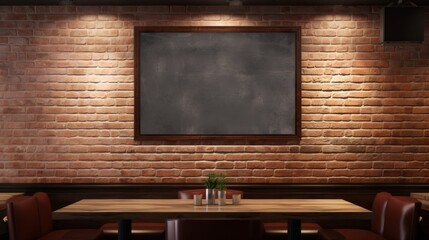 Cinematic photo of the brick wall of a restaurant with a frame with a blank paper inside hanging on the wall