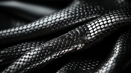 The sleek, scaly texture of a black snake's skin evokes a sense of danger and mystery, showcasing the intricate beauty of this slithering reptile - obrazy, fototapety, plakaty