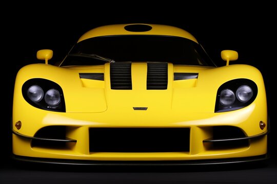 A striking image of a sleek yellow sports car poised against a stark black background. The car features a distinctive design with aerodynamic lines, round headlights, and vents that hint at its high