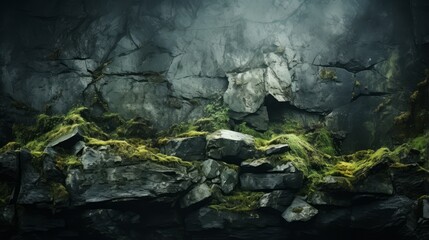 A mystical painting of a lush landscape with a moss-covered rock wall in a hidden cave, showcasing...