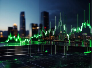 Double exposure of business chart and cityscape background