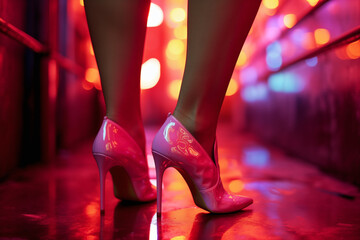 Sensual female legs in sexy high heels in a provocative red light district nightclub. - obrazy, fototapety, plakaty