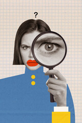Collage image sketch of confused woman looking magnifier isolated on painted background