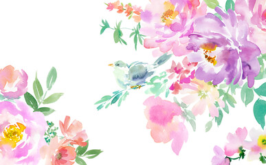 水彩で描いたピンクと紫の花と青い鳥の背景用イラスト