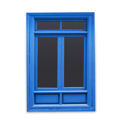 Wooden window isolated on white. Empty copy space rustic cottage house. Blue paint window background. Vintage cabin construction. Countryside architecture texture. Window frame cutout.