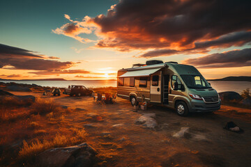 Obraz premium Family vacation travel RV, holiday trip in motorhome. Motorhome RV parked on the side of the road at sunset. Travelers with camper van are resting on an active family vacation 