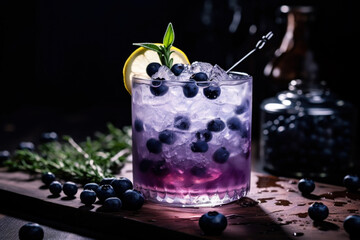 Blueberry Gin Cocktail with ice and mint close up - obrazy, fototapety, plakaty
