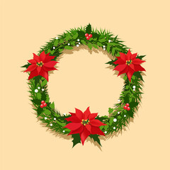 Fototapeta na wymiar Christmas wreath of poinsettia, holly and pine
