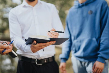 University students enjoy studying, discussing topics, and exchanging knowledge outdoors in the...