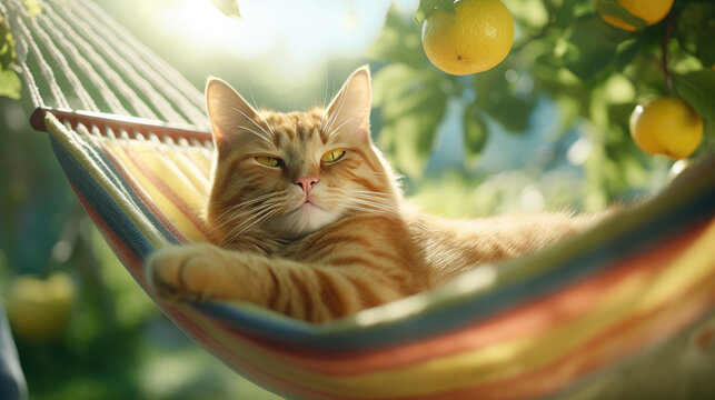 A cute cat as it luxuriously relaxes in a hammock on a sunny summer day