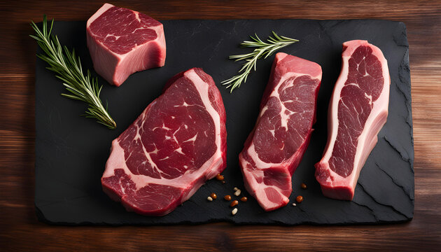 Variety of Raw Black Angus Prime meat steaks Machete, Blade on bone, Striploin, Rib eye, Tenderloin fillet mignon on black marble