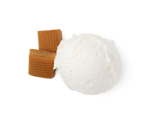 Scoop of tasty ice cream with caramel candies isolated on white, top view