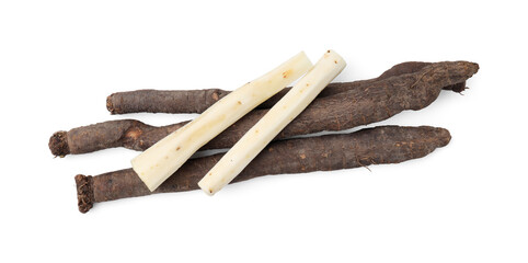 Cut raw salsify roots isolated on white, top view