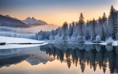 Peel and stick wall murals Forest in fog Winter landscape with reflection in the water 