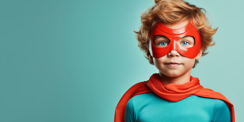 Portrait of a confident young boy dressed as a superhero with a red mask and cape, gazing upwards on a teal background. - obrazy, fototapety, plakaty