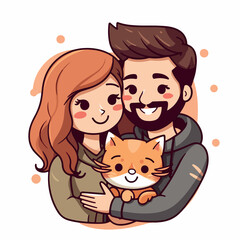cute owners hugging cats flat vector illustration. cute owners hugging cats hand drawing isolated vector illustration