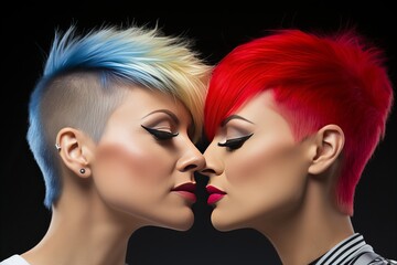 LGBT couple in love with colorful short hairstyles, expressing affection and diversity