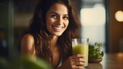 Young woman in a kitchen with a green smoothie detox diet drink - obrazy, fototapety, plakaty