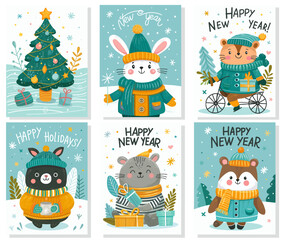 Merry Christmas and Happy New Year 2024 Vector trendy illustrations of holiday cards collection with forest, fox, deer, lettering, Christmas tree and pine. Drawing for poster