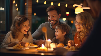 Obraz na płótnie Canvas Happy family eating cheese burger in the restaurant