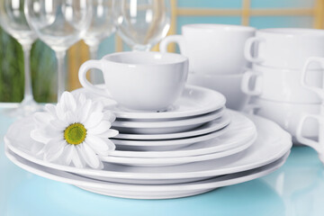 Set of clean dishware and flower on light blue table, closeup