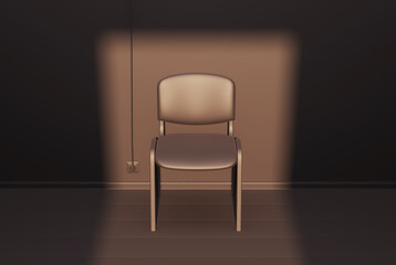 A long, dimly lit corridor. The chair is illuminated by light coming from the open door. Feeling "you're next", uncertainty, emptiness, potential or opportunity, mystery. 3d illustration.