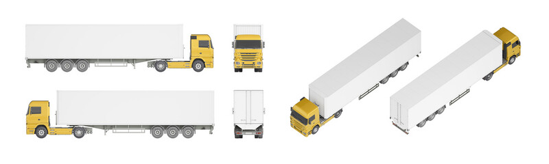 Mock-up of a truck with a semi-trailer on a white background for vehicle branding, corporate identity. The camera is positioned at an angle of 45 degrees to the horizon and at the horizon level. 3d 