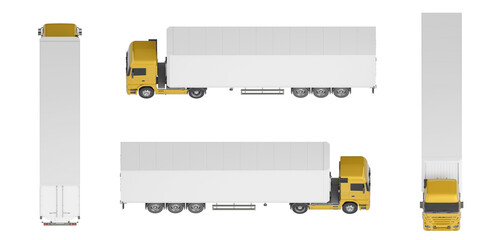 Mock-up of a truck with a semi-trailer on a white background for vehicle branding, corporate identity. The camera is positioned at an angle of 45 degrees to the horizon. 3d illustration.