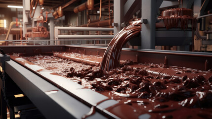 A chocolate factory, complete with conveyor belts laden with tempting chocolate bars - obrazy, fototapety, plakaty