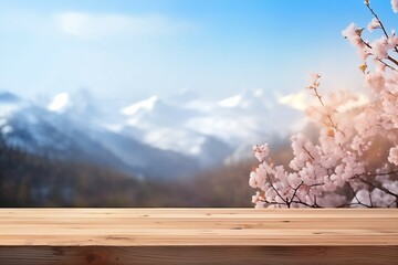 Rustic Wooden Table Overlooking a Pristine Snow-Capped Mountain Range, background, product showing template, banner, menu, resort, blossom tree, spring