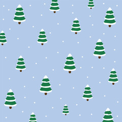Seamless pattern of Christmas tree with snow isolated on light blue background. Vector illustration.