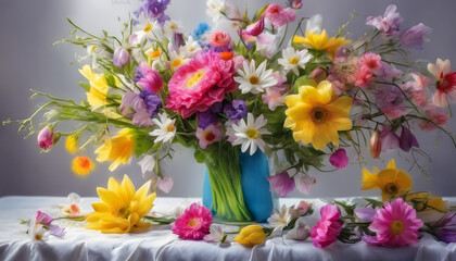 spring, flowers in bouquets, creativity, nature, inspiration, bright colors, a clear picture without blurring, photorealism

