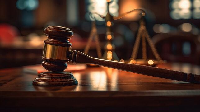Close-up of judge gavel and books on the desk in the law office room