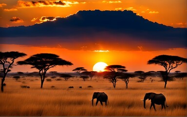 Fototapeta na wymiar Landscape of Africa with warm sunset 