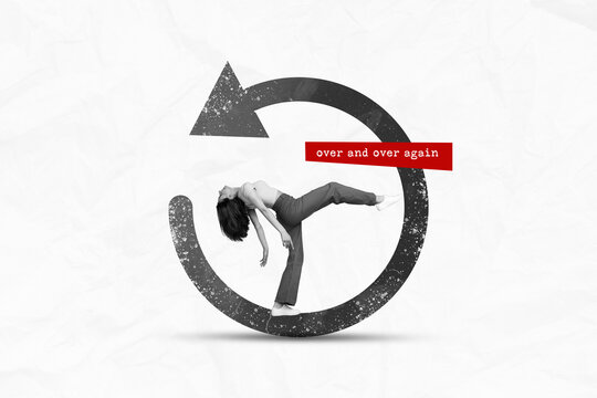 Circular arrow collage button sync or rotation icon of young woman doing over again restarting process isolated on white background
