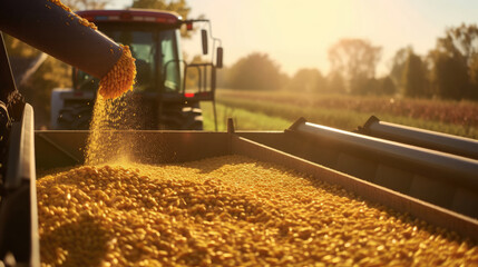 A harvester pouring freshly harvested corn maize seeds or soybeans into a container trailer during the morning sunshine