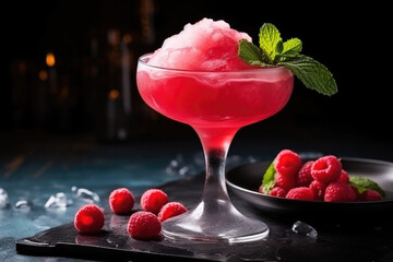 Raspberry lemon sorbet mocktail with mint and ice