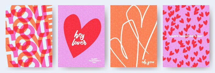 Creative concept of Happy Valentines Day cards set. Modern abstract art design with hearts and modern typography. Templates for celebration, ads, branding, banner, cover, label, poster, sales