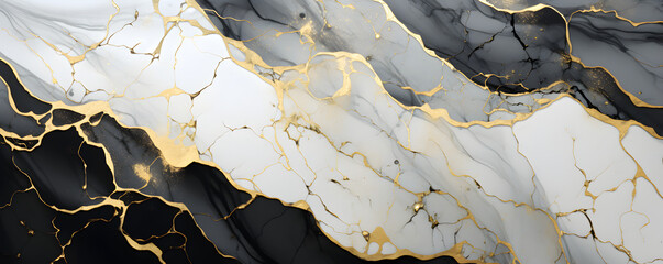 kintsugi, illustration of black and white marble texture background with wavy cracked gold details - obrazy, fototapety, plakaty