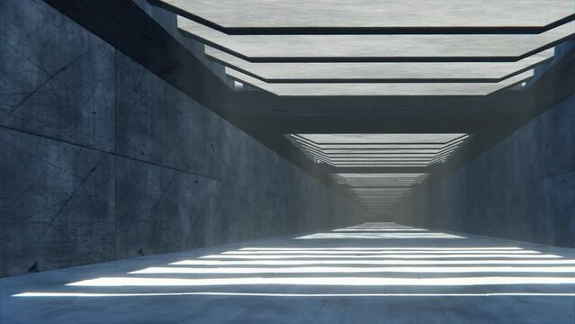 Abstract time-lapse motion graphic of flying into industrial concrete tunnel