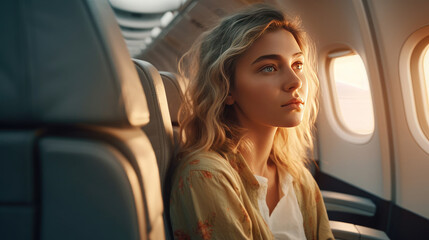 Fototapeta na wymiar A young female traveler, comfortably seated inside the plane