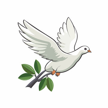 flying dove with olive twig flat vector illustration. flying dove with olive twig hand drawing isolated vector illustration