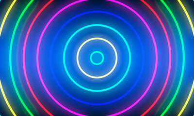 Abstract colorful neon light circles background.