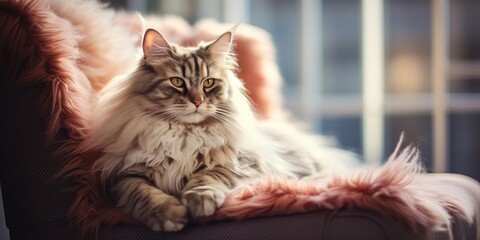 A cute and fluffy grey cat with striking eyes, resting on a sofa with a relaxed pose.