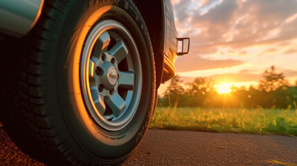 Close - up view of Camper van Tires parked on the side of the road at sunset