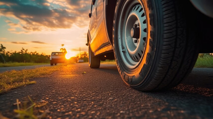 Close - up view of Camper van Tires parked on the side of the road at sunset