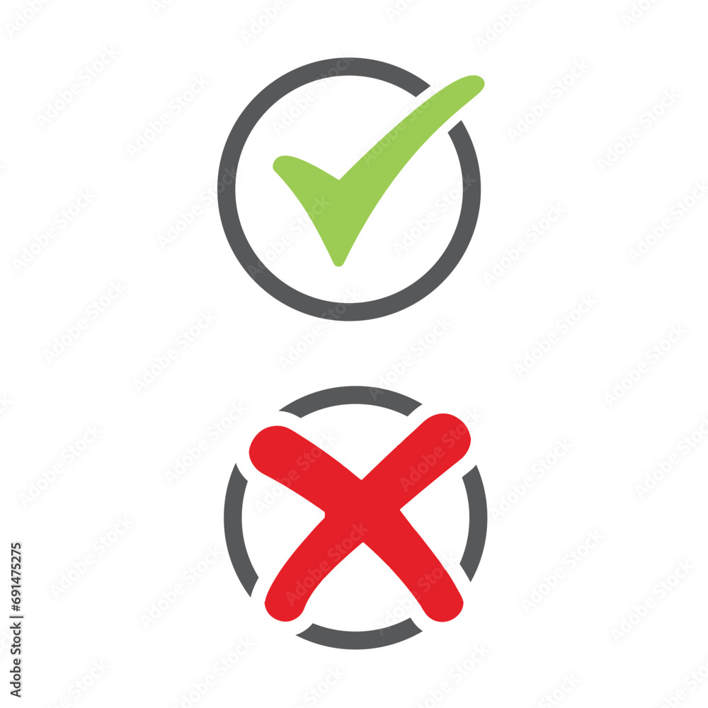 Poster green check and red cross symbols, squared vector signs. element of web icon for mobile concept and 